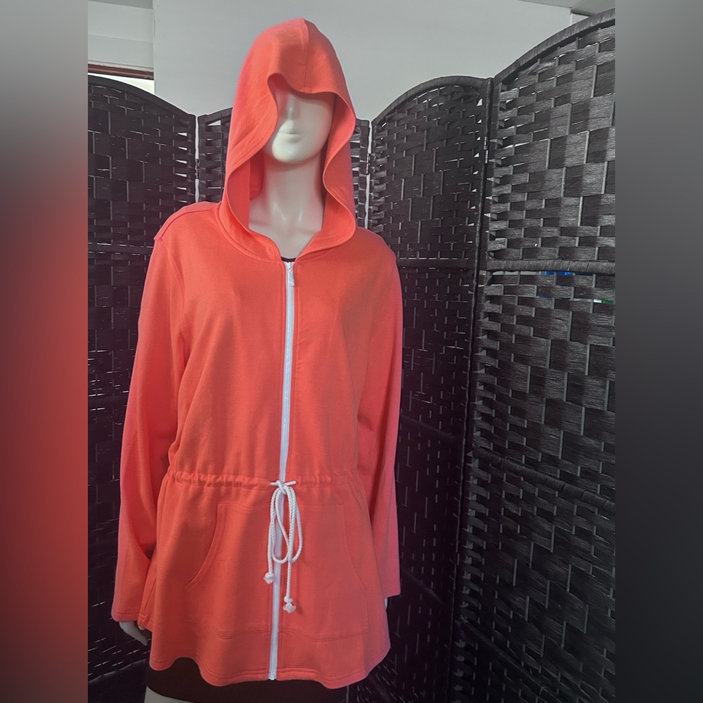 Belle by Kim Gravel bright melon cotton rayon zip front drawstring Adirondack - Picture 3 of 11